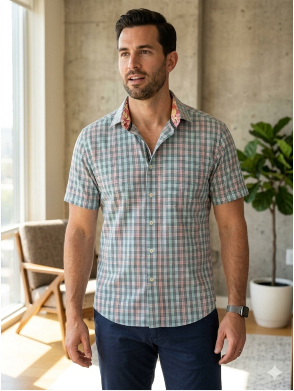 Men's Reel Casual Button Down Shirt XL Blue Pink Plaid Short Sleeve 2038